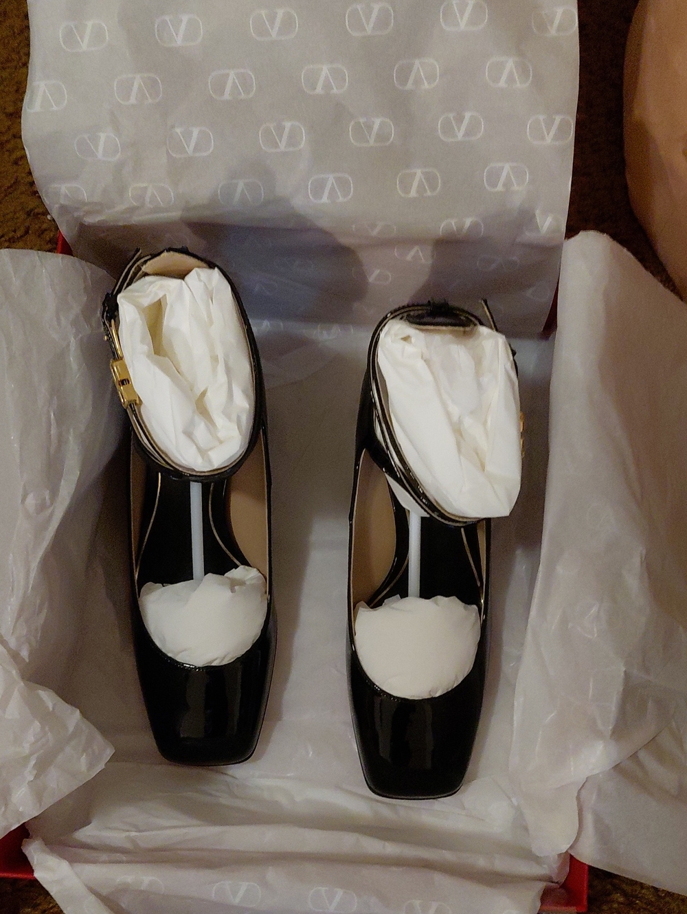 Valentino Garavani Black Patent Mary Jane Heels with Gold Buckle